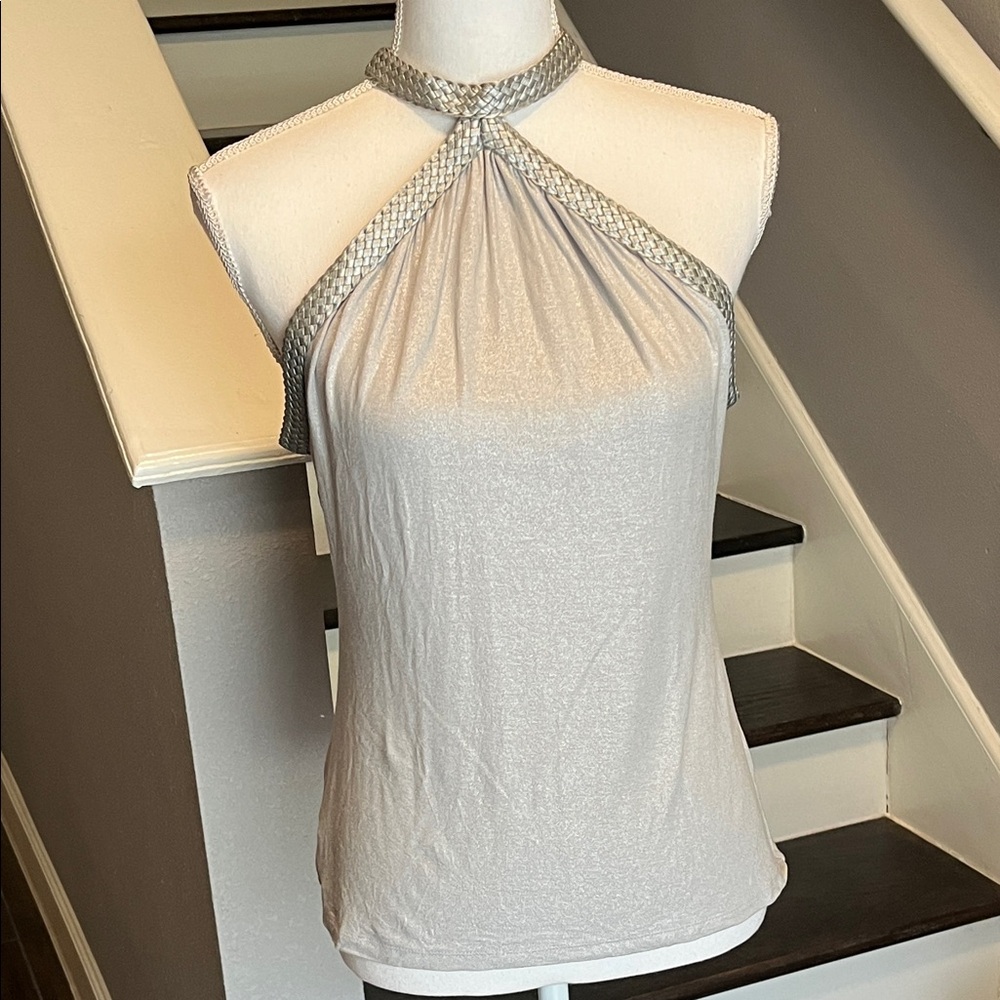INC International Concepts Silver Sheen Halter Tank Top Trim Silver Leather. Lg.